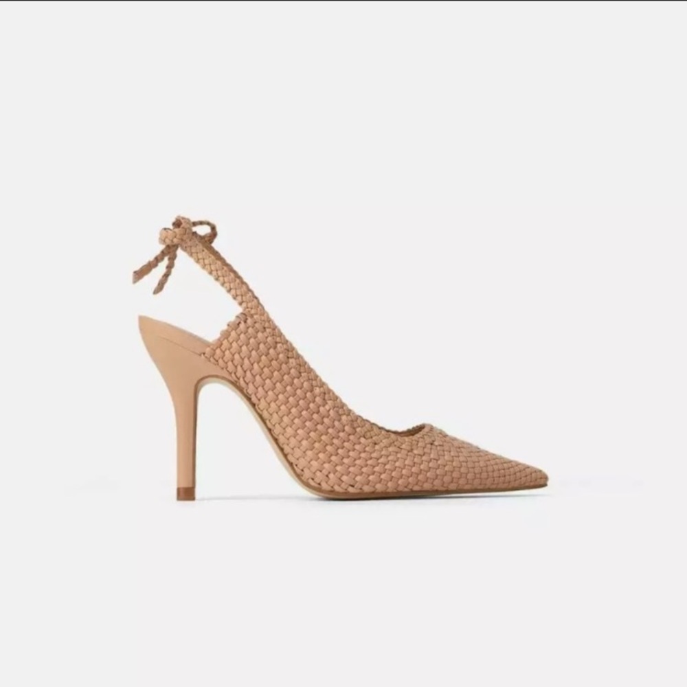 Zara RARE nude slingback pointy toe woven heels - Picture 3 of 5